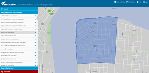 Screenshot of NoticeMe app with a neighborhood association selected and its boundaries shown on a map