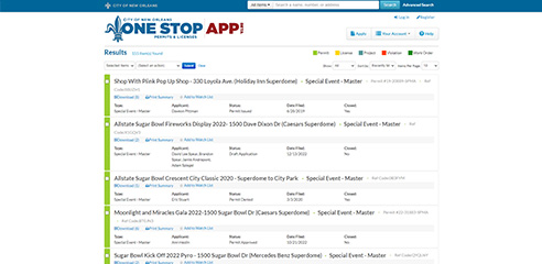 Screenshot of One Stop App showing details of permits and planning projects