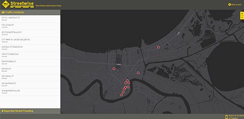 Screenshot of Streetwise showing red dots representing traffic incidents on a map of New Orleans 