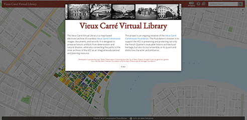 Screenshot of Virtual Library with a colorful map of the Vieux Carré and historic street level photo of 1950's automobiles.