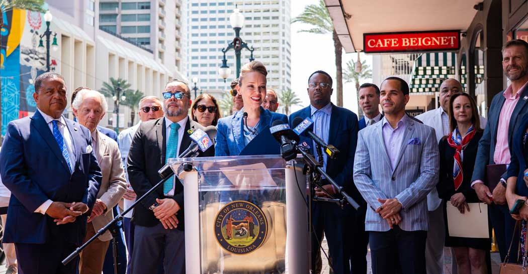 The mayor and city officials announcing the Canal Street Renaissance Initiative